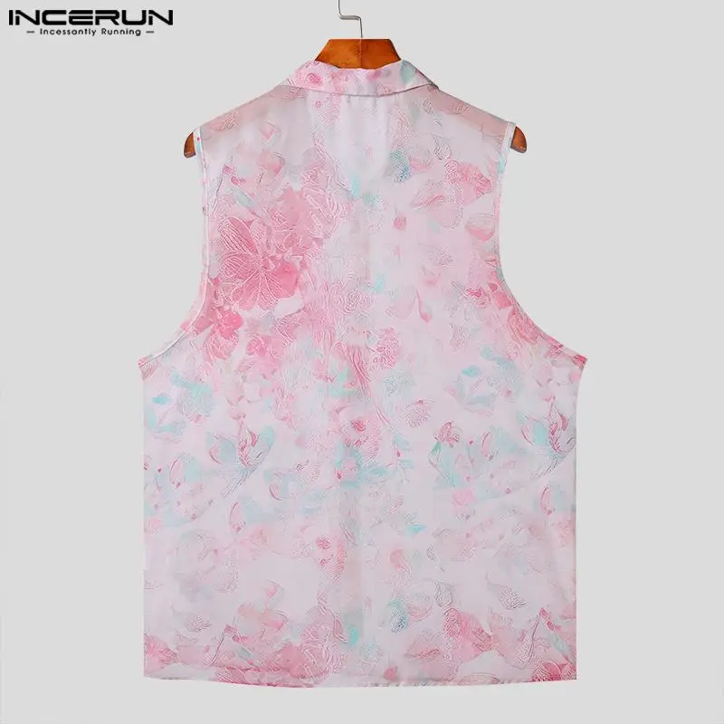 INCERUN Men\'s Shirt Printing Transparent Lapel Sleeveless Casual Men Clothing Streetwear Summer Sexy 2024 Fashion Shirts S-5XL