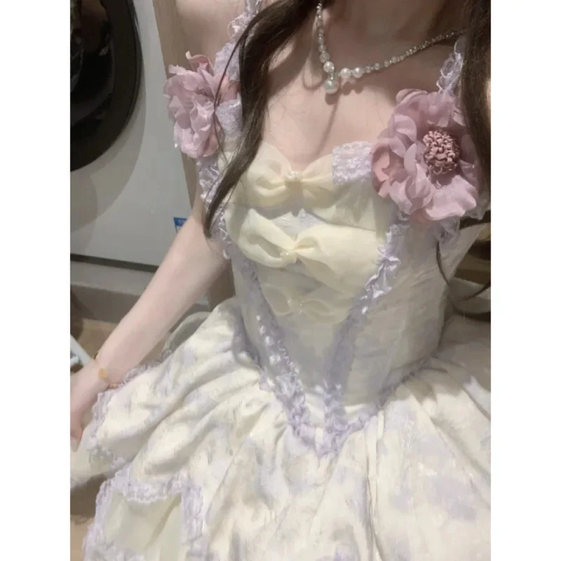 

Lolita Bow Floral Dresses Y2K Corset Fairycore Lace JK Purple Sleeveless Vintage Princess Cosplay Outfit Girl A-line Dresses New