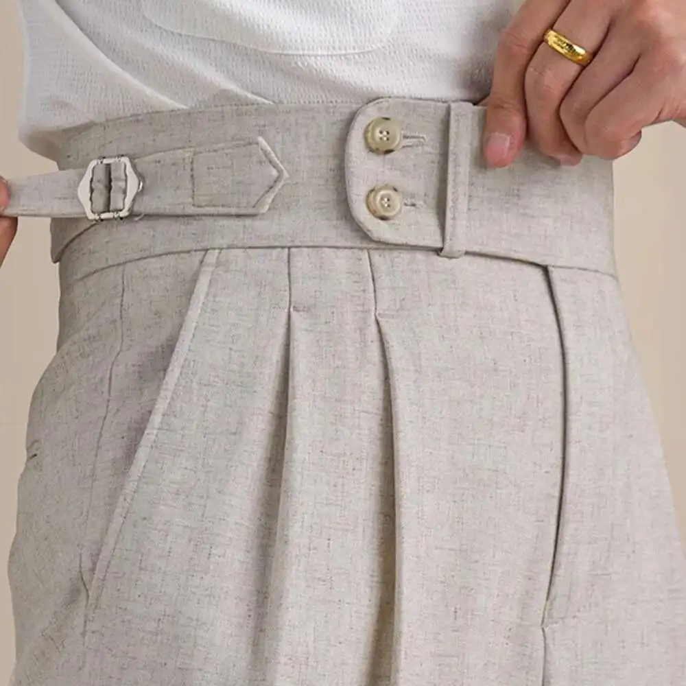 

Naples Double Fold High Waist Linen Suit Pants For Men Summer Breathable Straight Leg Office Trousers Men Pantalon Costume Homme