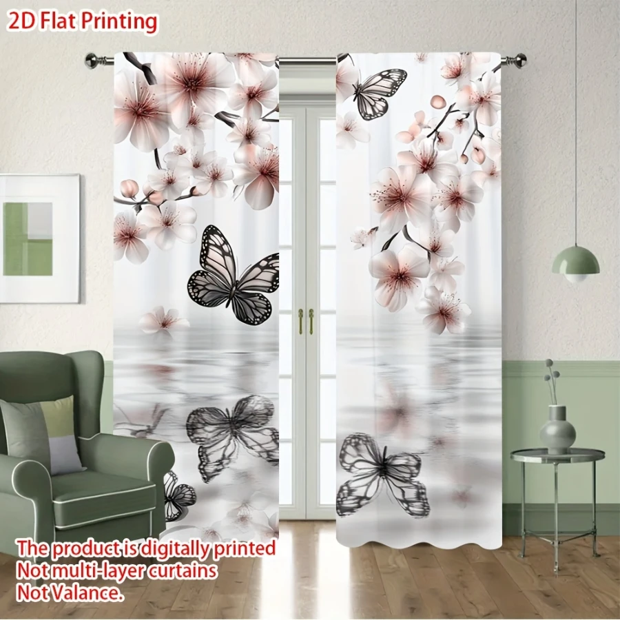 2PCS Digital Printed Curtains, Cherry Blossom Butterfly Water Shadow Pattern, Modern Home Decor for Living Room Bedroom