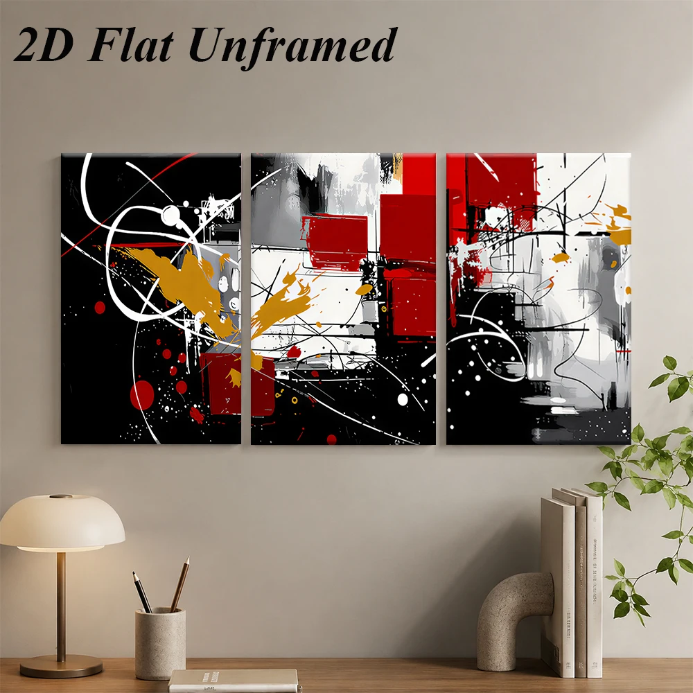 1 set of modern abstract triptych frameless decorative paintings, simple red black platinum creative murals, 2D plan