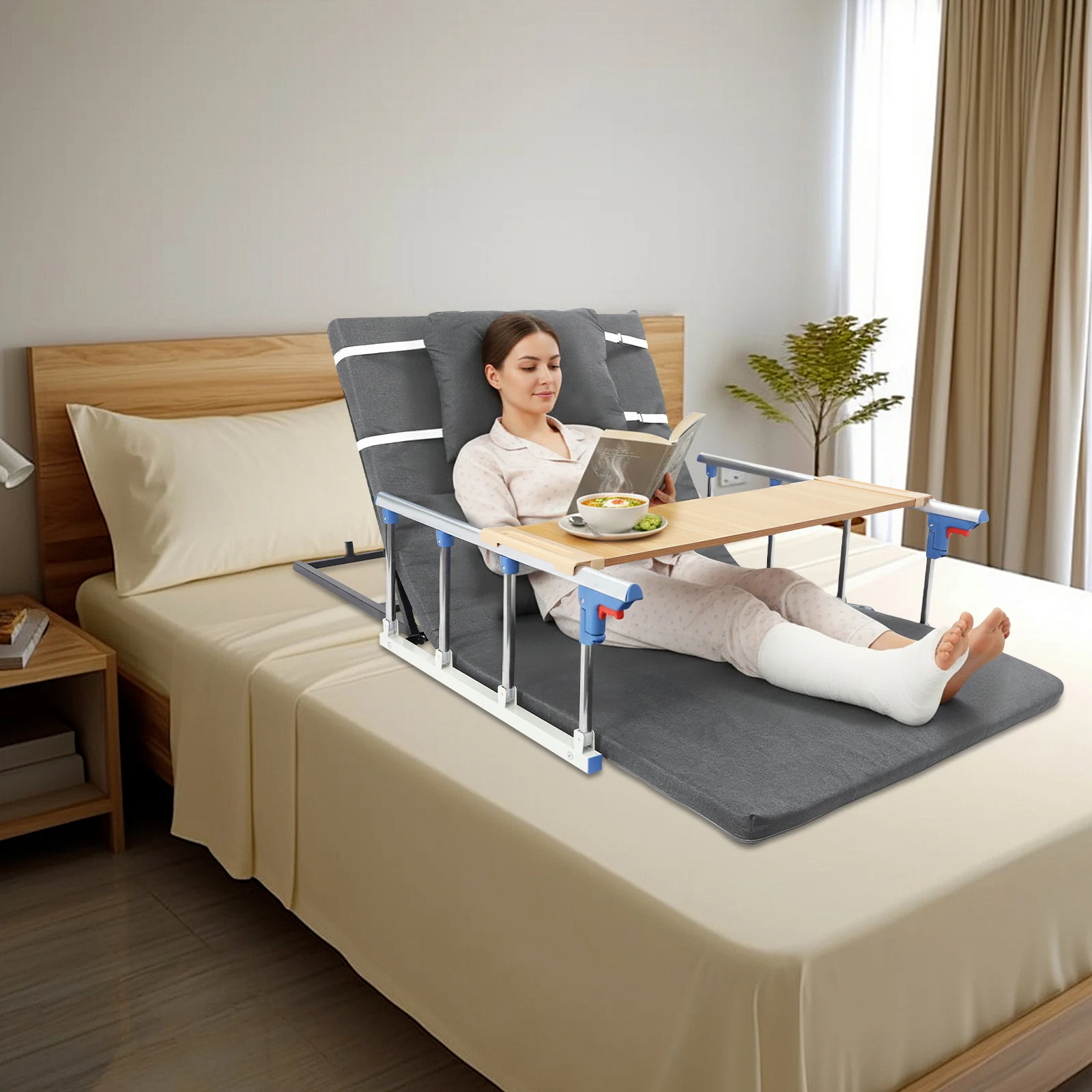 

Bed Elevating Backrest for Seniors, Electric Lifting with Remote, Foldable Side Guardrails, Detachable Table, Cotton Linen, Electric Adjustable Angle 2-80°, with Table & Pillow, 3 Colors