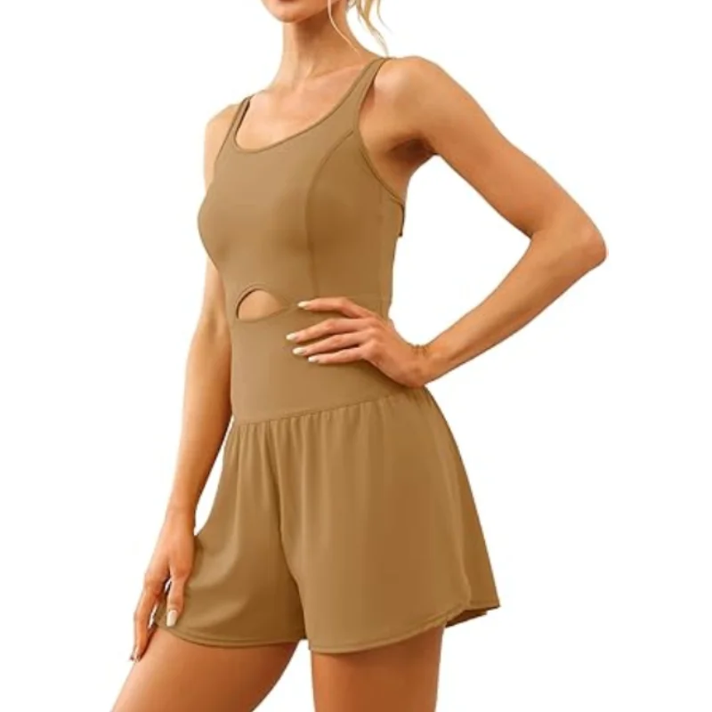 Women One Piece Workout Jumpsuit Shorts Sleeveless Solid Color Romper Hollowed Out Cross Backless Loose Romper Tank Playsuits