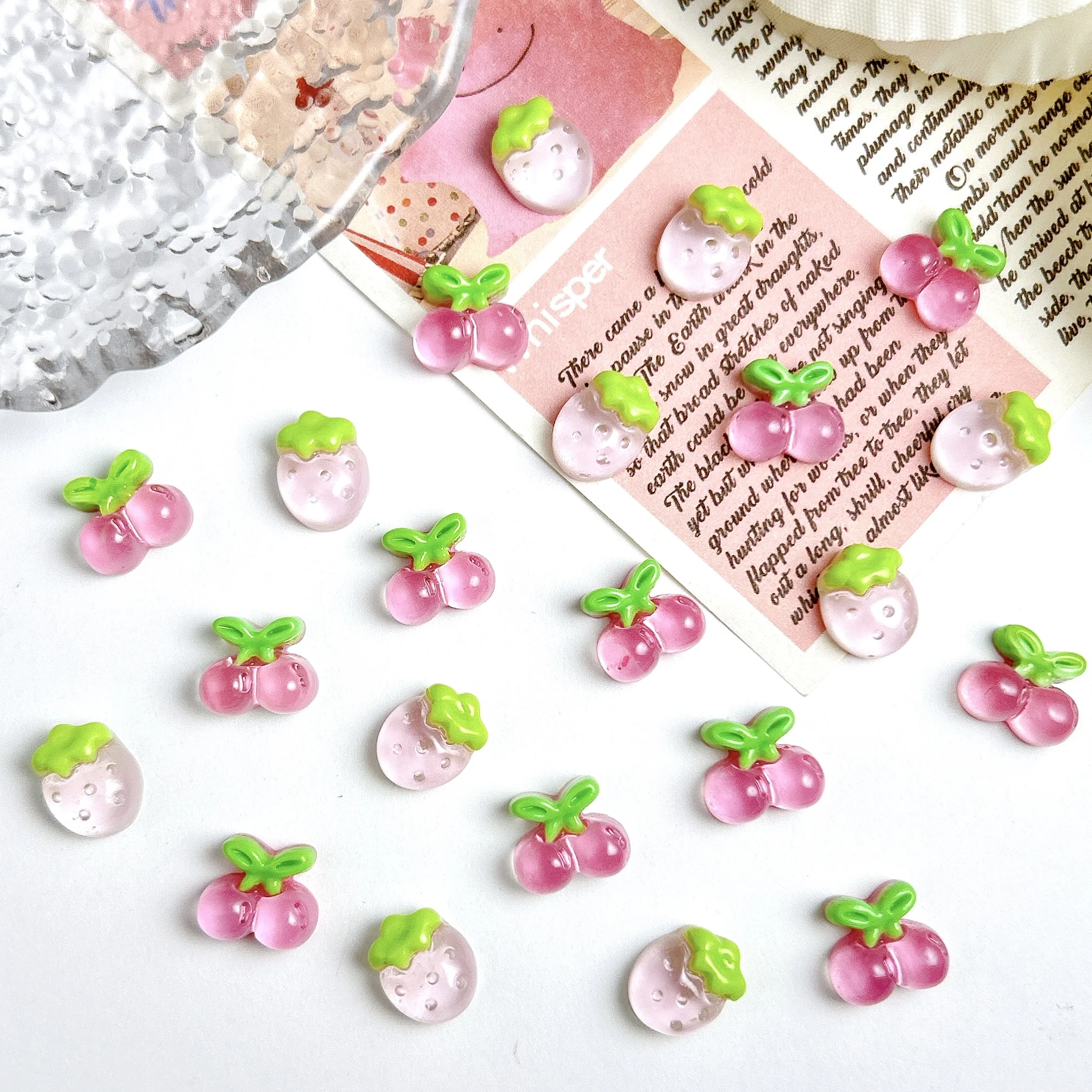 30PCS Simulated Cute Jelly Cherry Resin Nail Art Charms 3D Sweet Pink Strawberry Nail Decorations for DIY Hair Clip Nails Parts