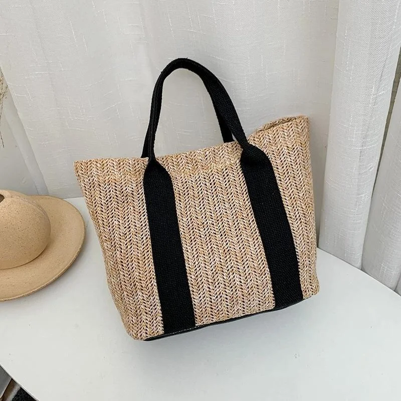 2026 New Hit‑Color Color‑Matching Straw Tote Bag For Women Summer Trend Zipper Handbag Casual Beach Daily Shoulder Handbag