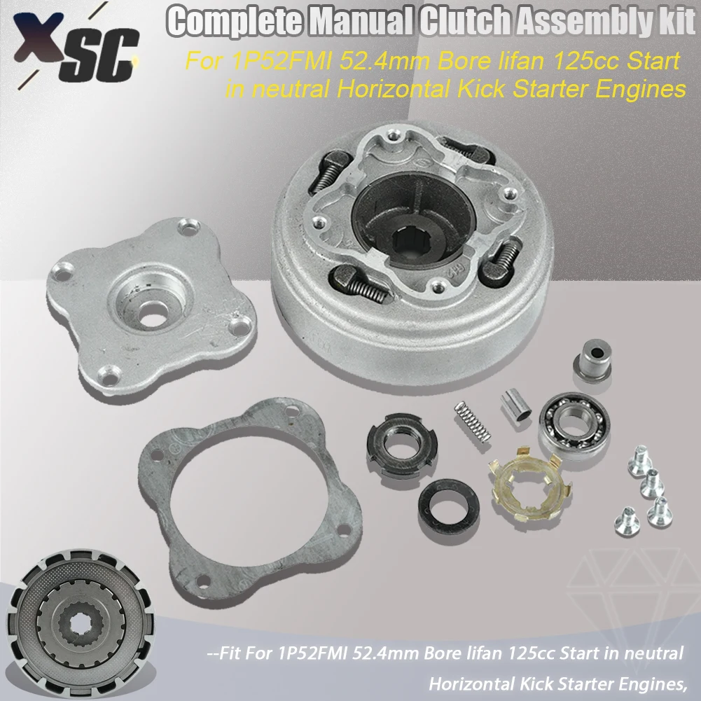 Complete Manual Clutch Assembly kit For 52.4mm Bore lifan 125cc LF125 Start in Neutral Horizontal Kick Starter Engines Pirt Bike