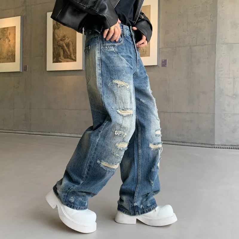 Men's Multiple Hole Designs Distressed Jeans Cool Boy Street Bottoms Casual Pants Fashion Wide Leg Trousers Male Sweatpants