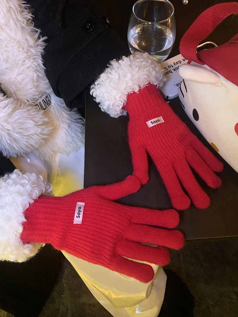 Korean Cute Roll Plush Edge Knitted Gloves Female Alphabet Mark Autumn and Winter Warm Touch Screen Gloves