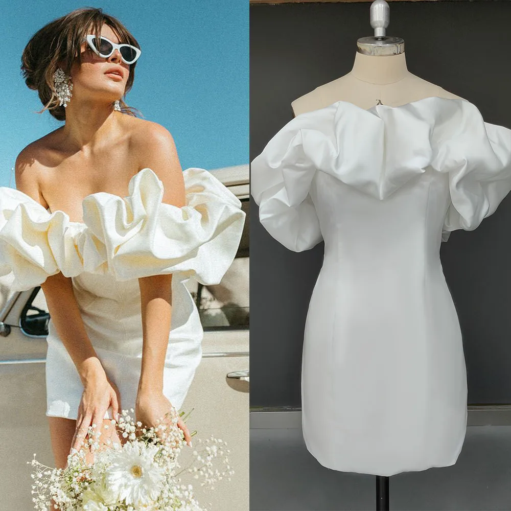 Mini Length Satin Off Shoulder Micro Wedding Dress Customized Simple Simple Pick-Ups Above Knee Ivory Sexy Sheath Bridal Gowns