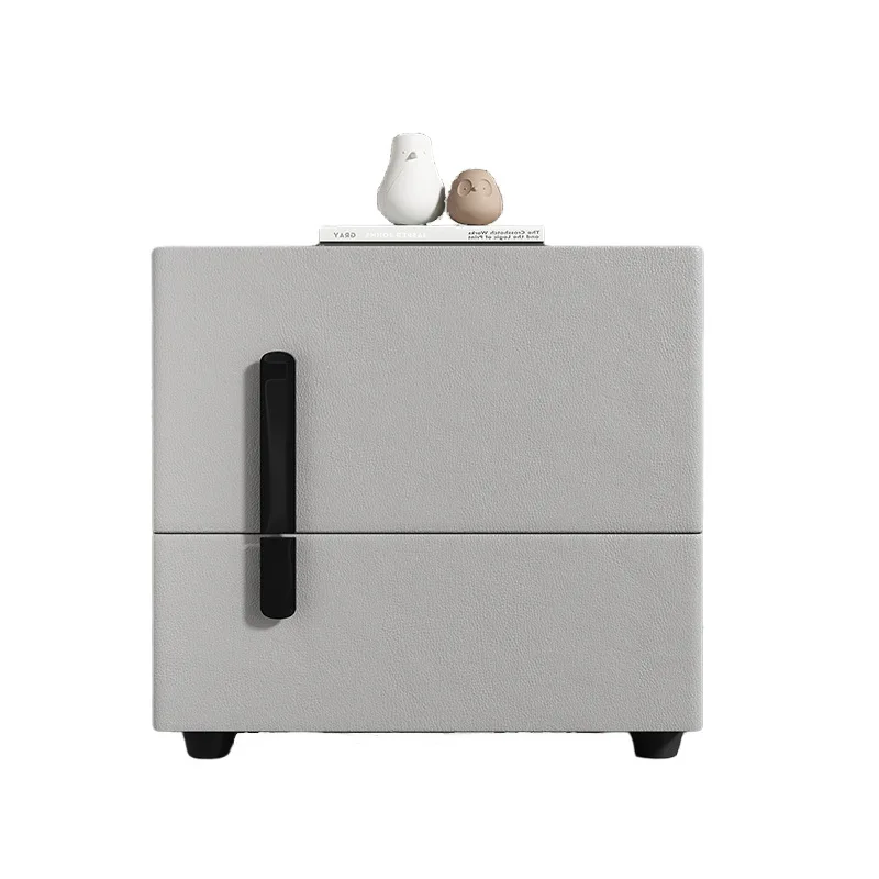 Mesita de noche italiana ligera de lujo, mesita de noche de madera maciza con doble cajón, losa de roca de cuero minimalista, diseño maestro personalizado