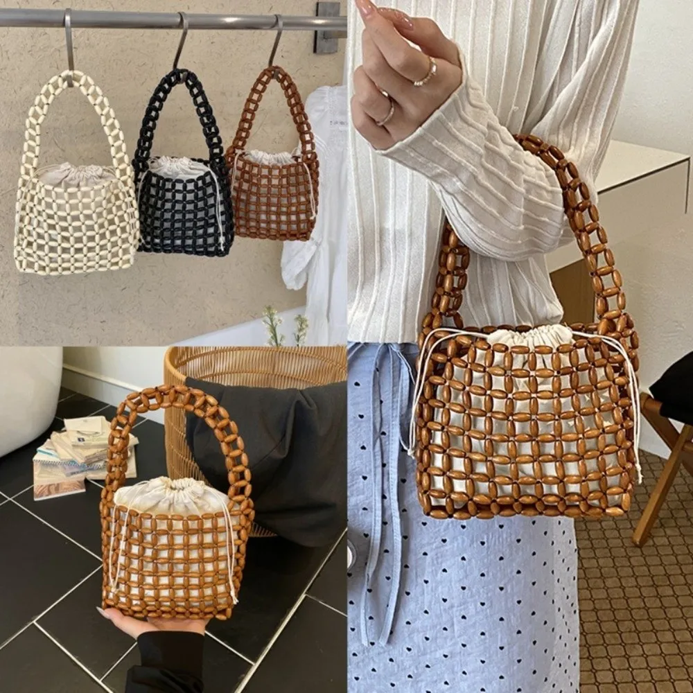 Trendige Gewebte Holzperlen-Tasche Ausgehöhlte Bohemian Sommer-Strandtasche Exquisite Glatte Handtasche für Damen Sommersaison