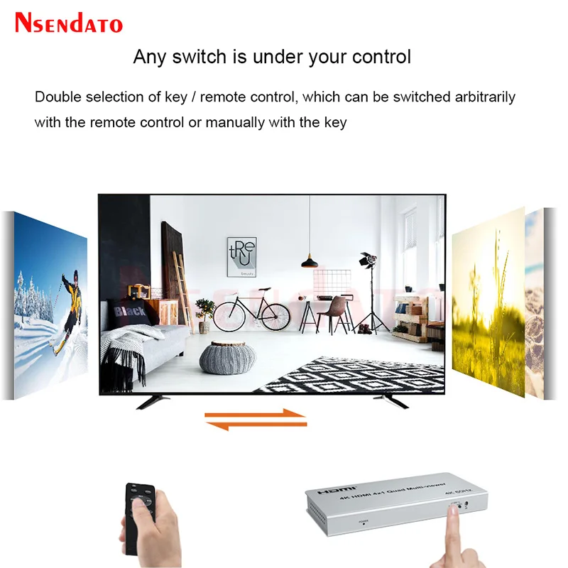 4K 60Hz HDMI 4X1 Quad Multi Viewer Switch 4 in 1 out HDMI Screen Multiviewer Seamless for 180\'270\' Flip PIP Picture in Picture