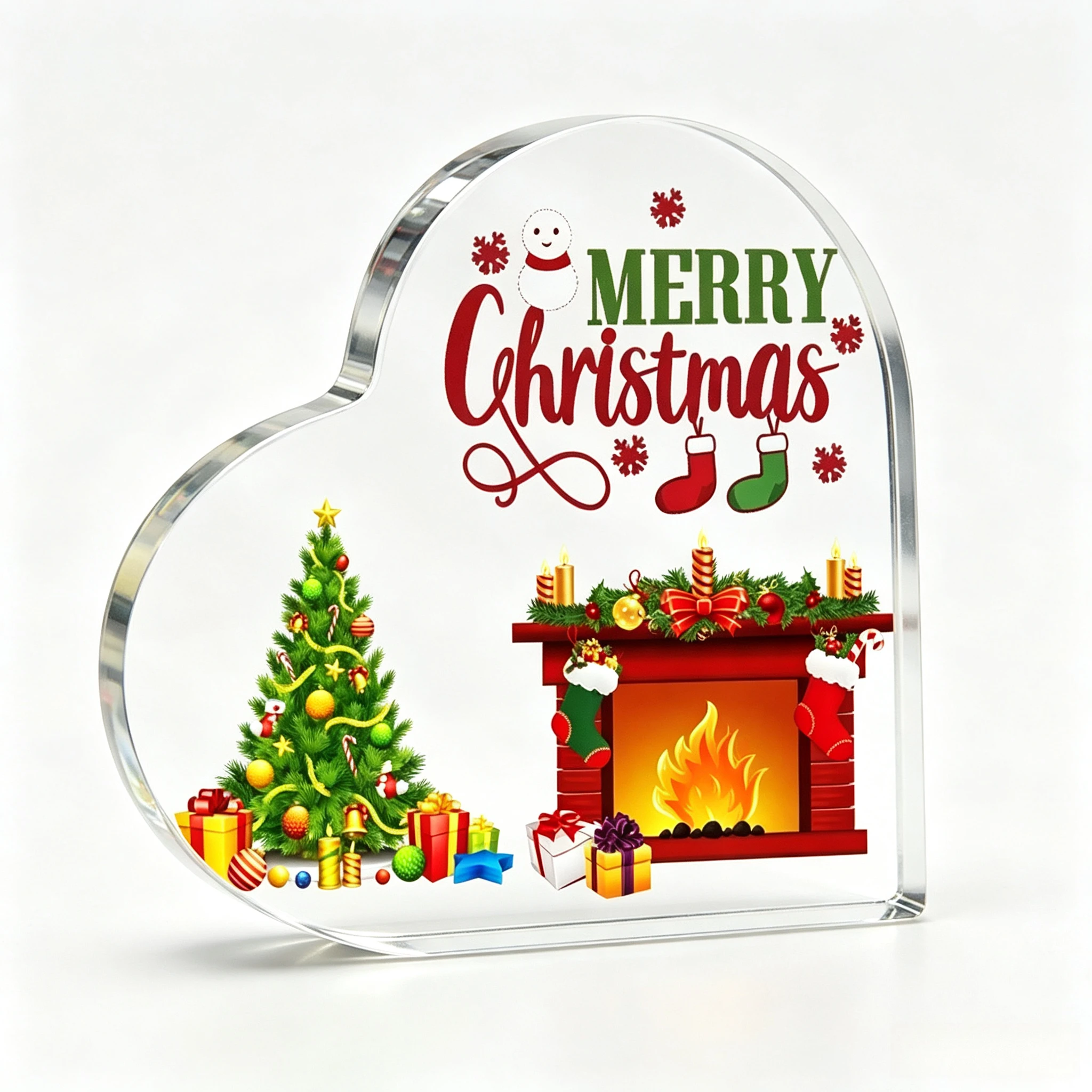 Merry Christmas Fireplace Heart‑Shaped Acrylic Plaque, Xmas Tree Stocking Table Decor,Cozy Winter Hearth Scene Heart Acrylic Sign, Gift Boxes Desktop Ornament
