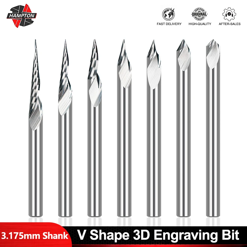 1pc 3.175mm Shank V Shape Tip Carving Cutter 20/30/45/60 Degrees Milling Cutter Tungsten Carbide Router Bit PCB 3D Engraving Bit