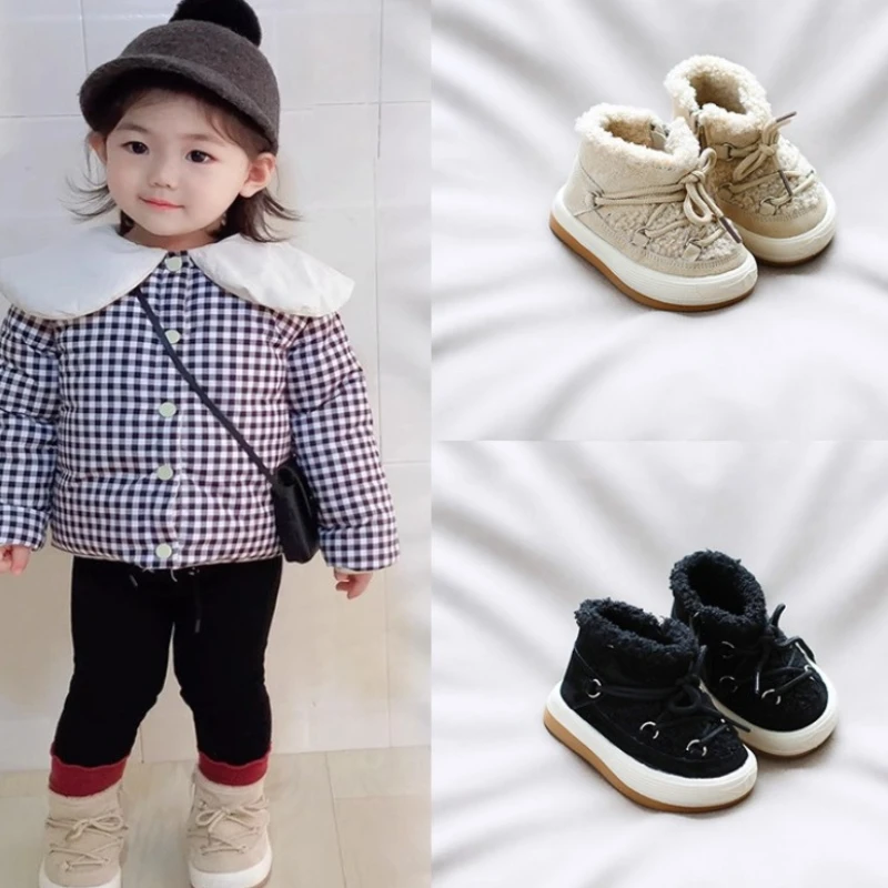

Детская обувь для малышей, зима 2025, хит продаж, детская обувь на плоской подошве в стиле ретро, модные женские ботинки, детские нескользящие хлопковые сапоги на мягкой подошве