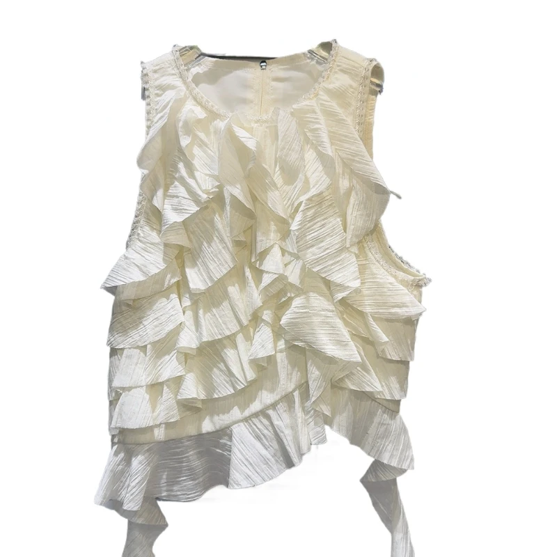 2024 Summer New Classic Style Socialite Cloth Stripe Tassel Pleated Design Sweet Sleeveless Blouse for Women Street Top Blusas