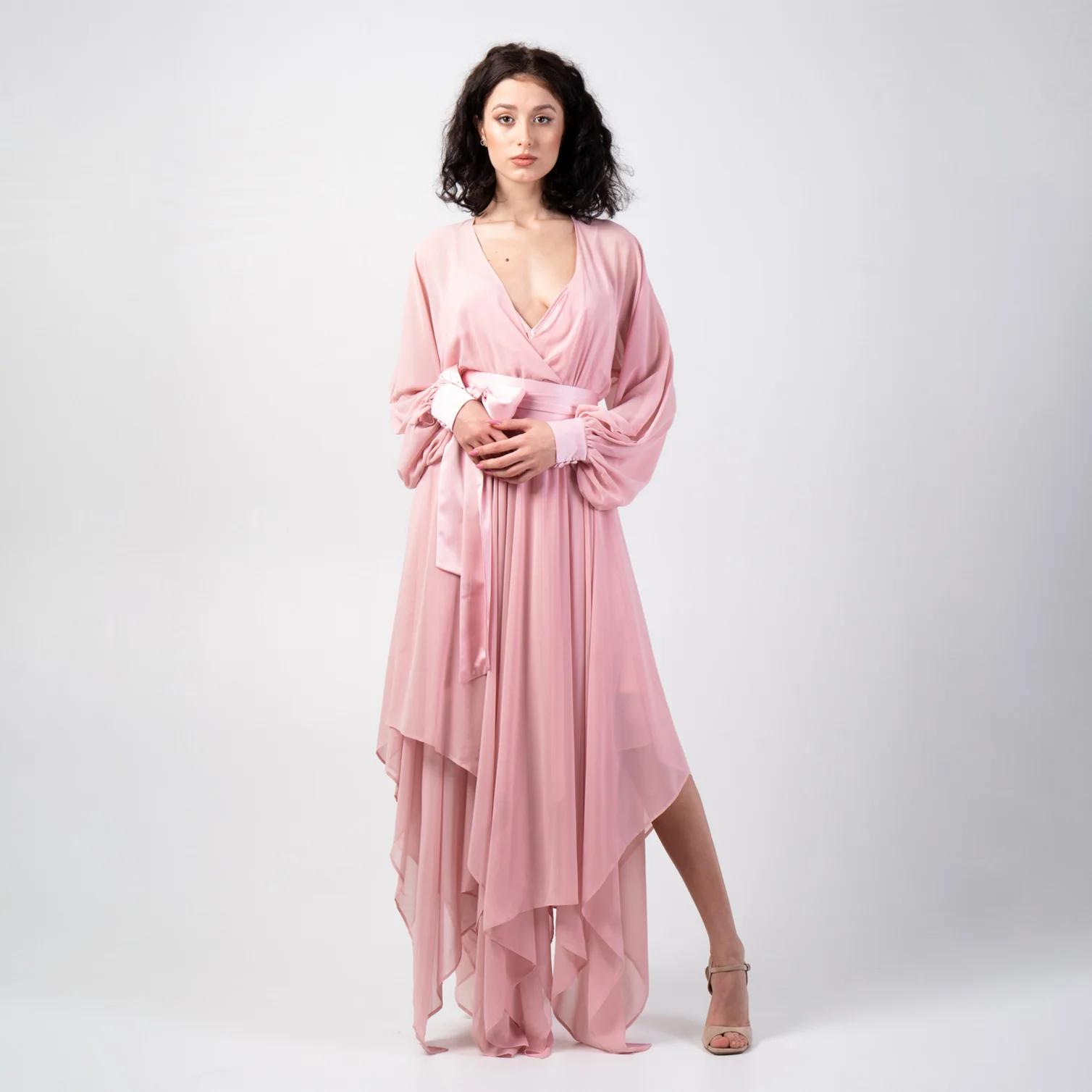 Pink Chiffon Skin Friendly Night-Robe Elegant Sexy V-Neck Women Pajamas With Silk Belt Housecoat Nightwear Size Customized