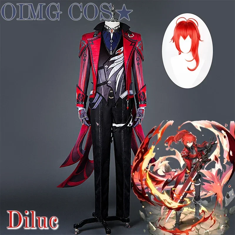 

Genshin Impact Diluc Cosplay Costume Uniform Wig Anime Halloween Costumes Game Red Dead of Night Skin New Skin