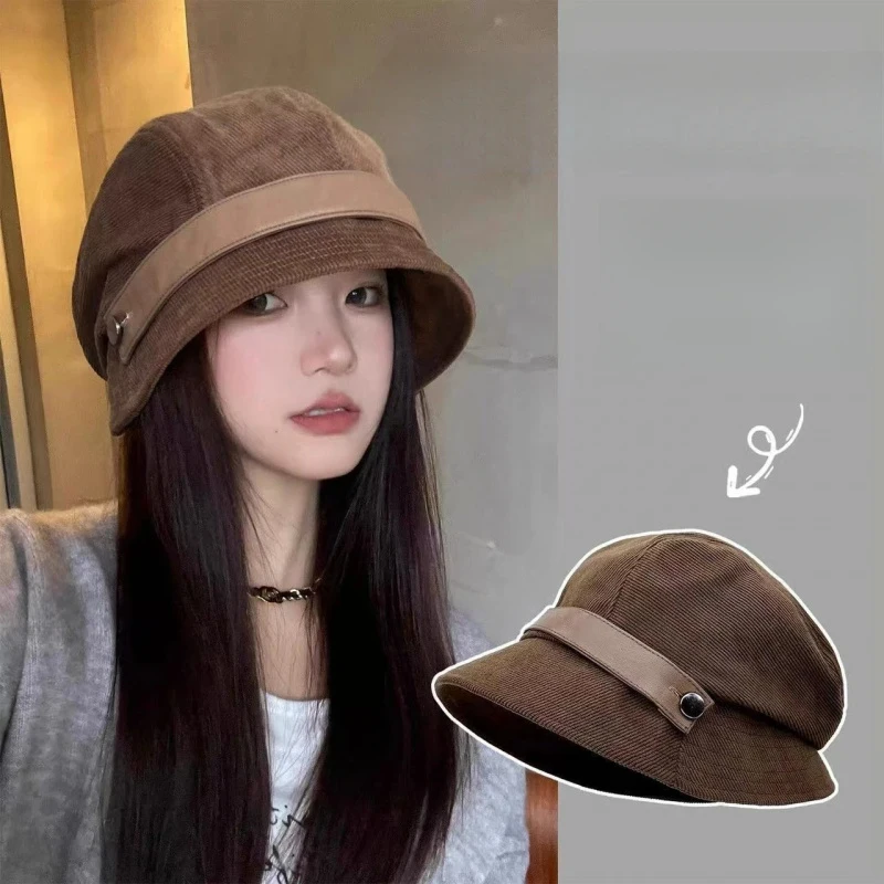 2pcs Convertible Corduroy Jockey Cap for Women - 2-in-1 Korean Japanese Bucket & Beret Hat Face Slimming Vintage Fall Winter Hat