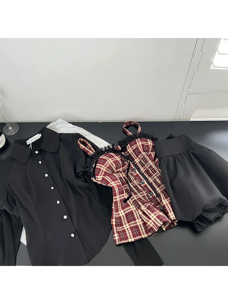 Korean Fashion Outfits 3 Piece Shorts Sets Polo-Neck Shirts Black + Plaid Vest + High Waist Shorts Cozy Gothic 2000s Aesthetic