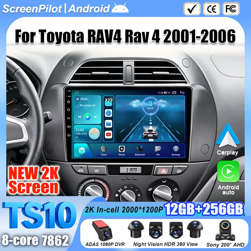 Android 16 For Toyota RAV4 Rav 4 2001-2006 Car Radio Stereo Head Unit Multimedia Video Player GPS Navigation 2K QLED 9 Inch RDS