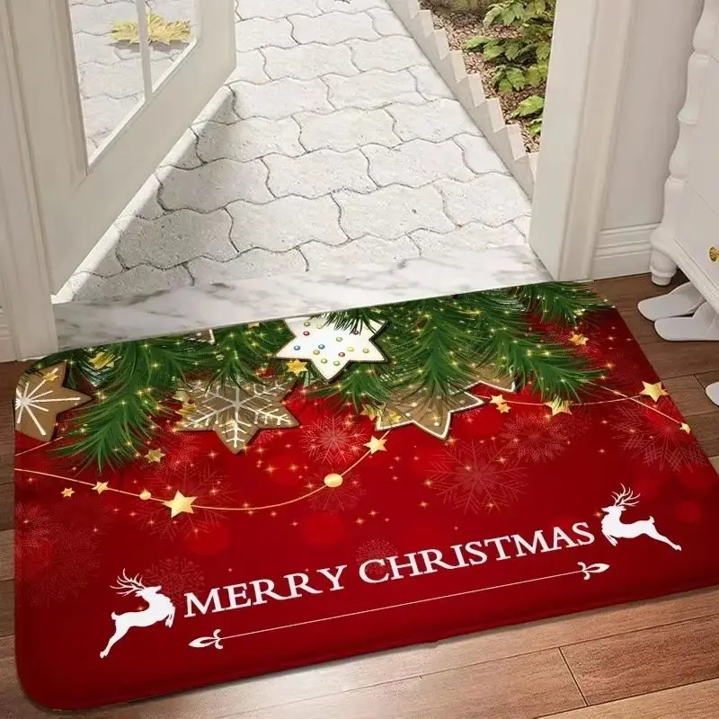 VIKAMA Pine Tree Christmas Door Mat Deer Snowflake Print Non-Slip Plush Entrance Mat for Front Door Hallway Washable Home Decor