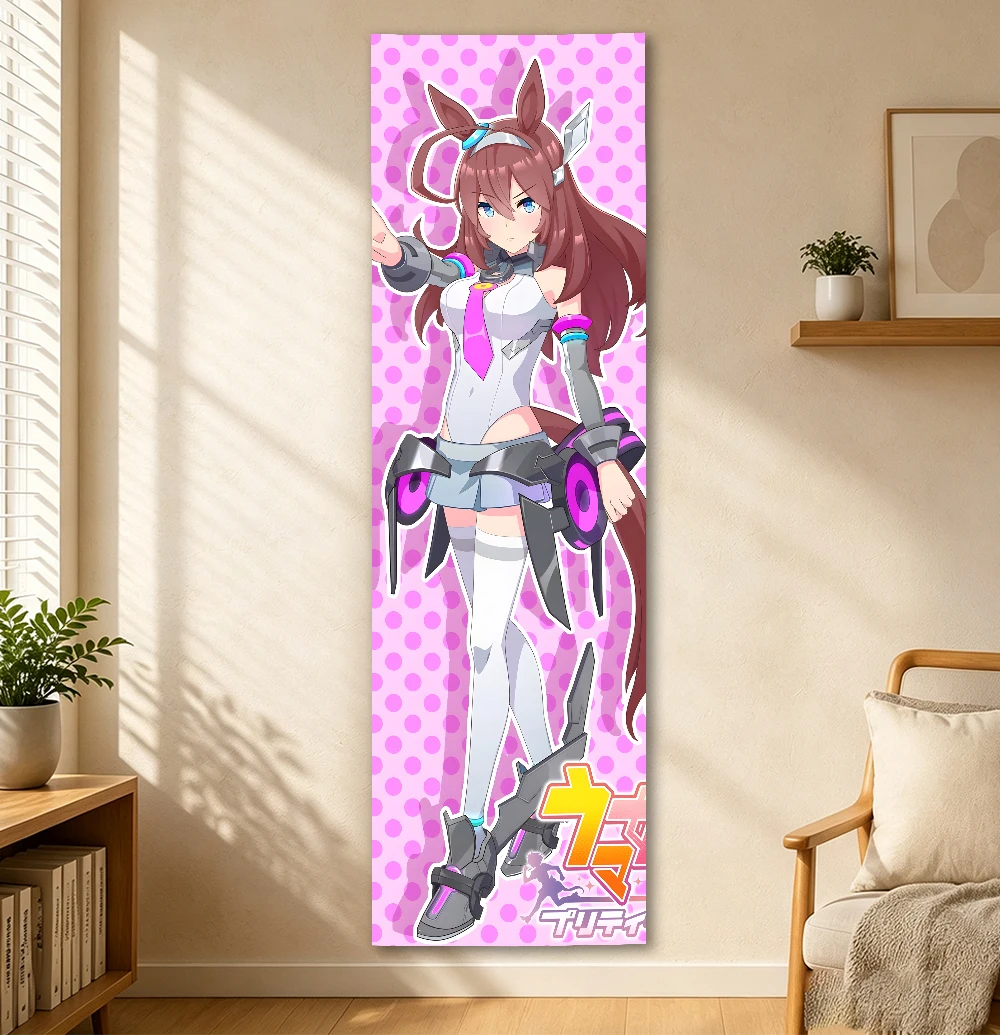 Anime Horse Girl Vertical Long Tapestry Pink Polka Dot Background Wall Hanging Poster Home Bedroom Dorm Room Decor Cloth Art