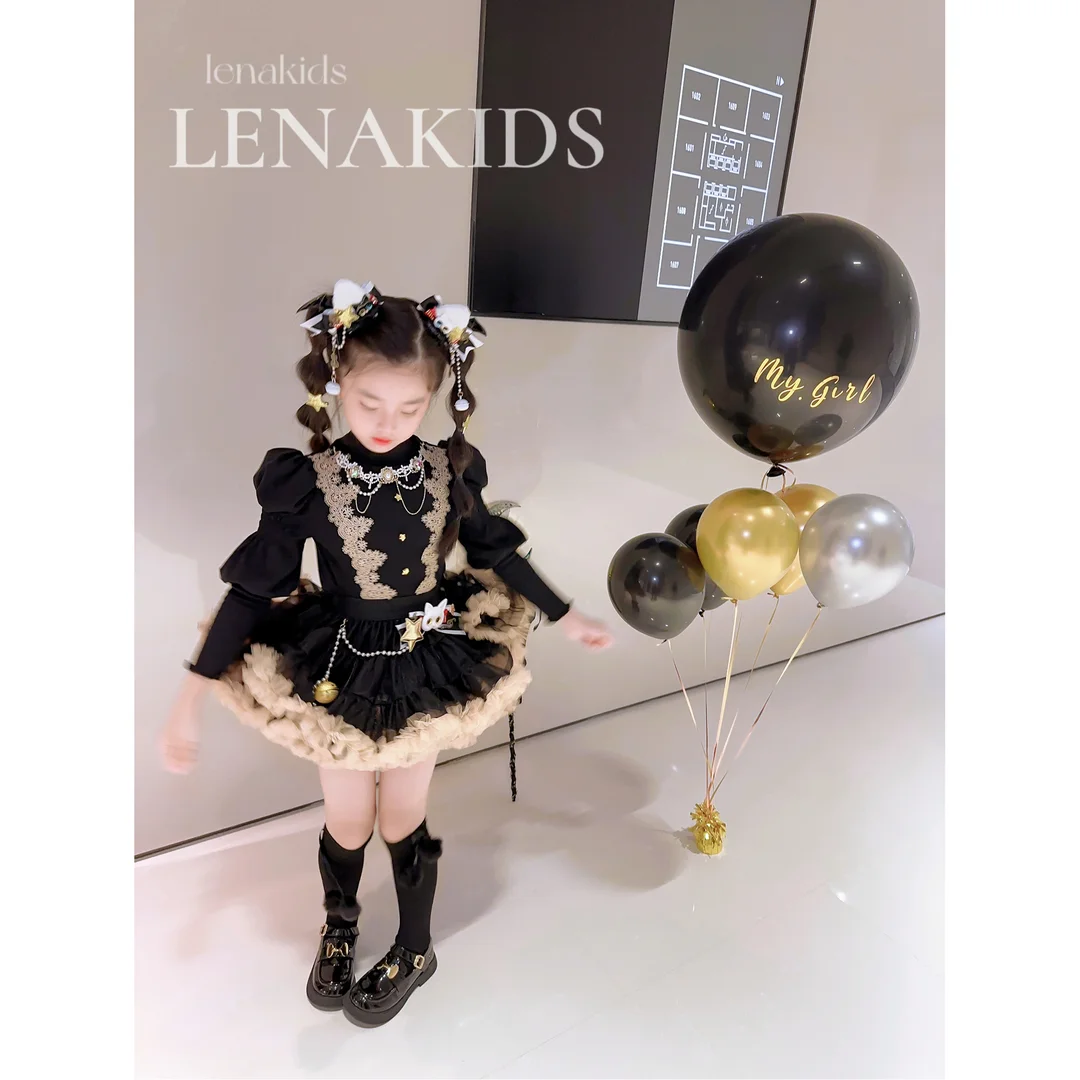 Primavera autunno eleganza nero principessa abbigliamento Top Shirt + Puffy Short Tutu gonna 2 pezzi ragazze set bambini bambino Retro Party Cloth