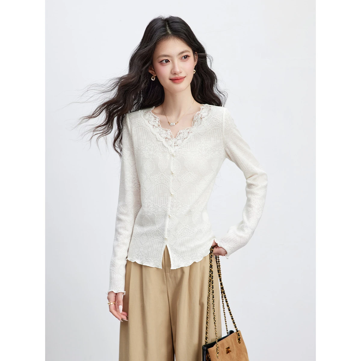 VIMLY Long Sleeve T-shirt for Women 2026 Autumn New Textured French Ruffle Apricot Pullover Fashion Long Sleeve Top Ladies A3981