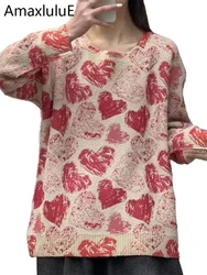 Amax luluE Design Fall Women Fashion Casual Sweater Loose Printed Knitted Pullover Ladies Classic O Neck Big Size Cotton Jumpers