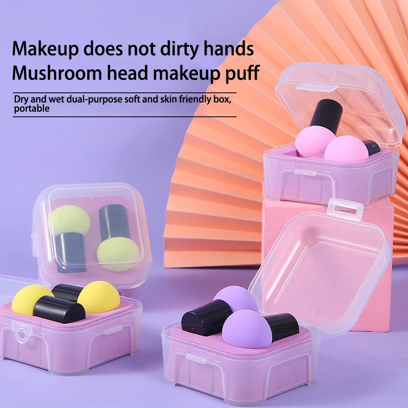 2pcs/Set Mushroom Head Makeup Puff Air Cushion Beauty Handle Cosmetic Egg Dry And Wet Dual-Use Super Soft Makeup Sponge With Box