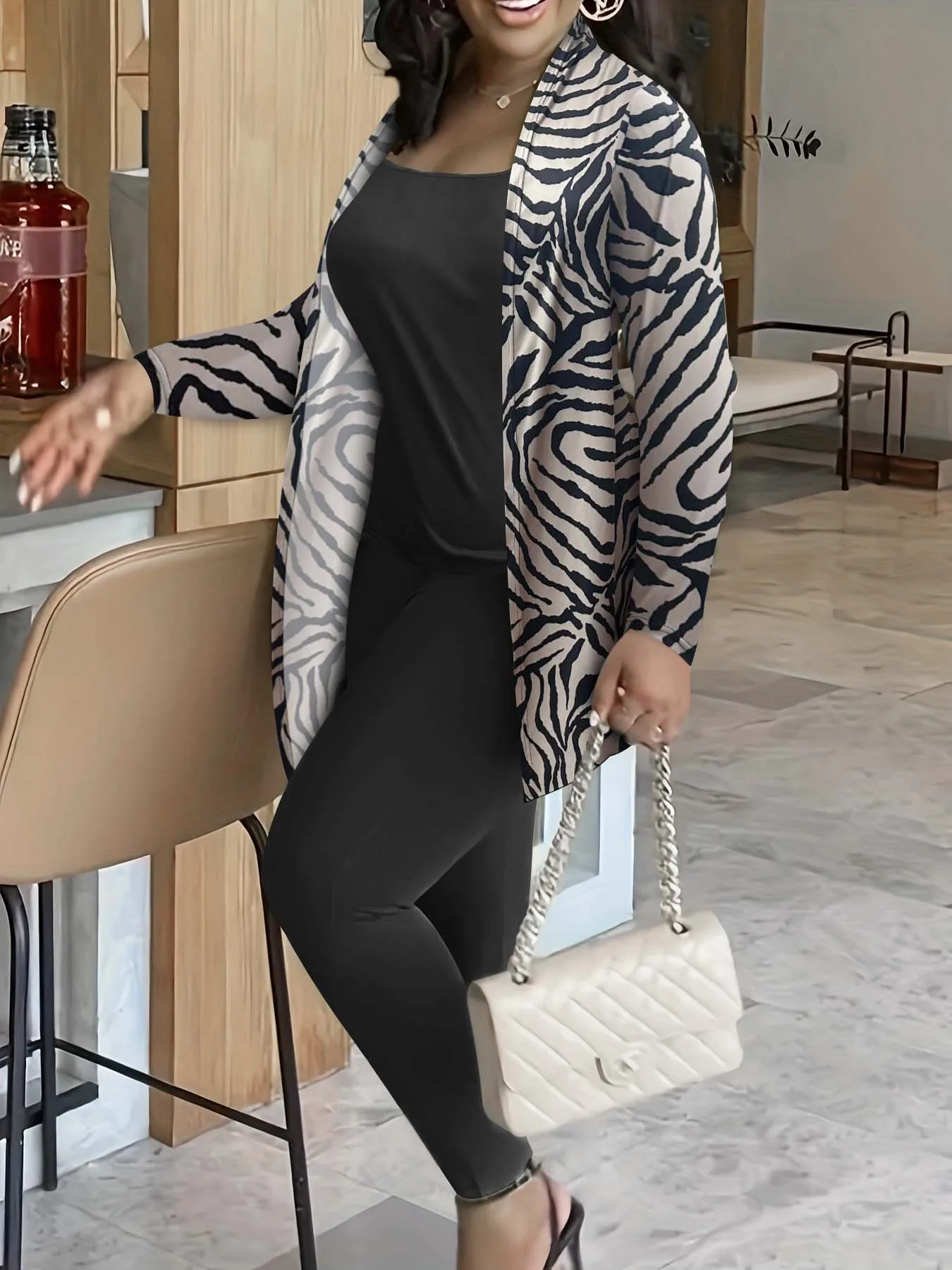 3-piece plus size set for women casual suit with leopard print long-sleeved coat with shawl collar black top and tight pants