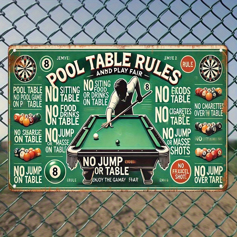 Vintage Billiards Rules Metal Sign - Retro Iron Wall Art with 10 Basic Rules, for Home, Bar, Cafe, Office & Garage Game Room Dec