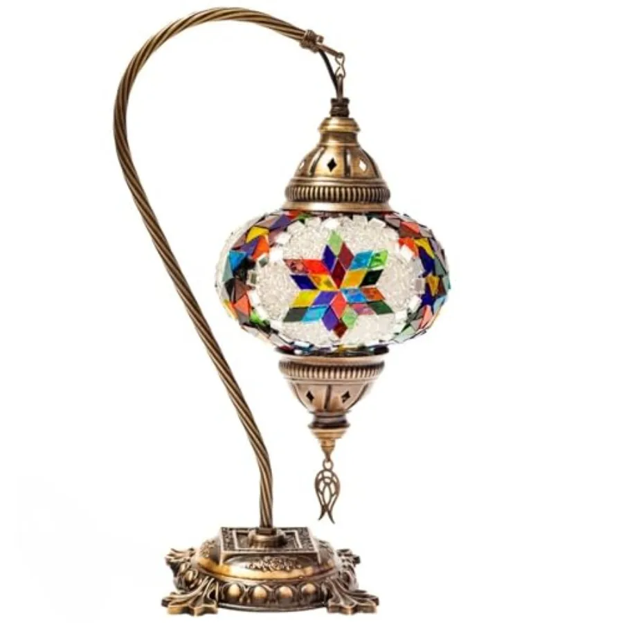 

Handmade Turkish Mosaic Table Lamp Multicolor Rainbow Glass Swan Neck Bedside Light with Antique Bronze Base, Moroccan Style De
