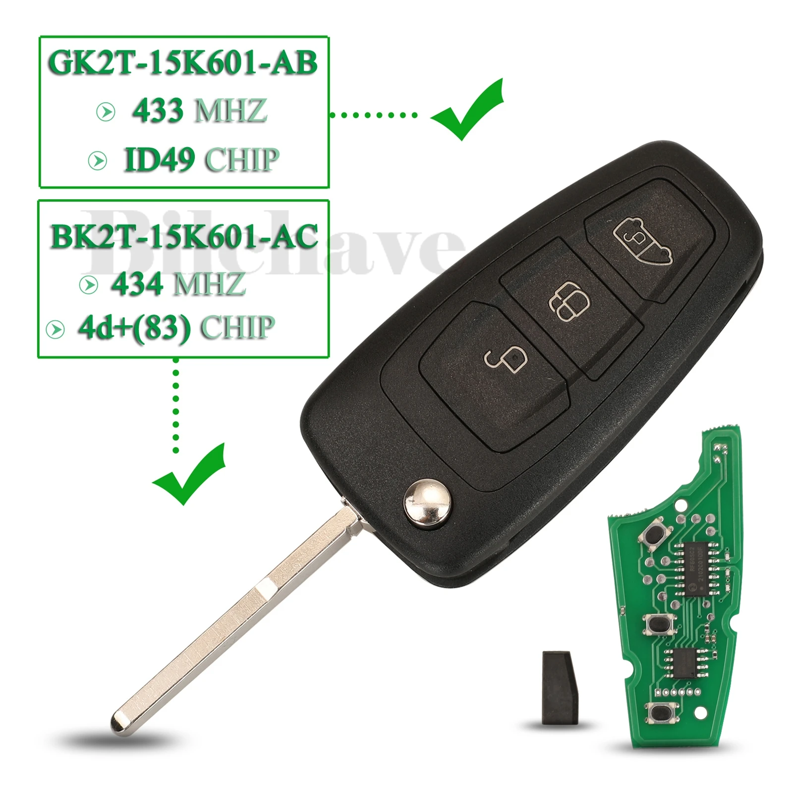 jingyuqin 433Mhz Flip Remote Car Key ID49 GK2T-15K601-AB BK2T-15K601-AC 4D83 Chip For Ford Tourneo Custom 2015- FOB 3 Buttons