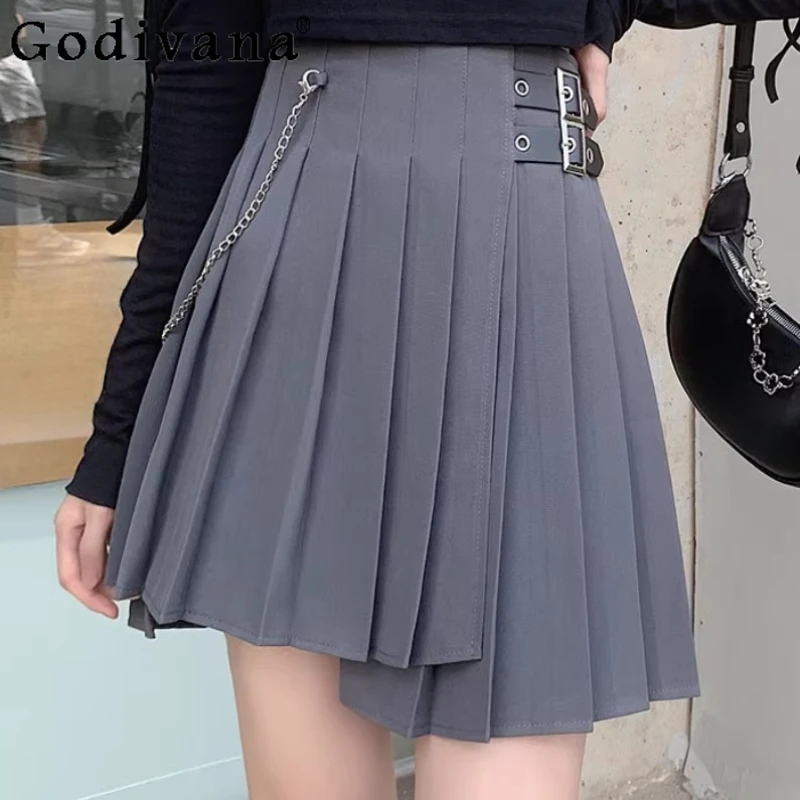 

Autumn High Waist Gray Large Size Irregular High Waist Skirt Women Cool Sweet Fashion Versatile Age Reduction Jk Pleated Skirts