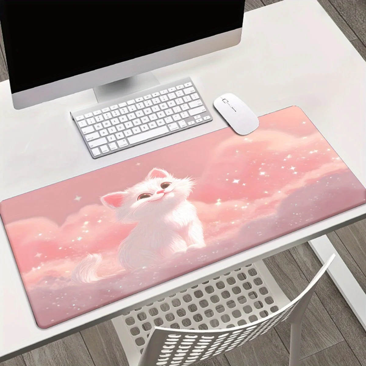 

XXL white cat pink cloud gaming mouse pad, anti-slip rubber base, large desk mat, washable, suitable for home and office use