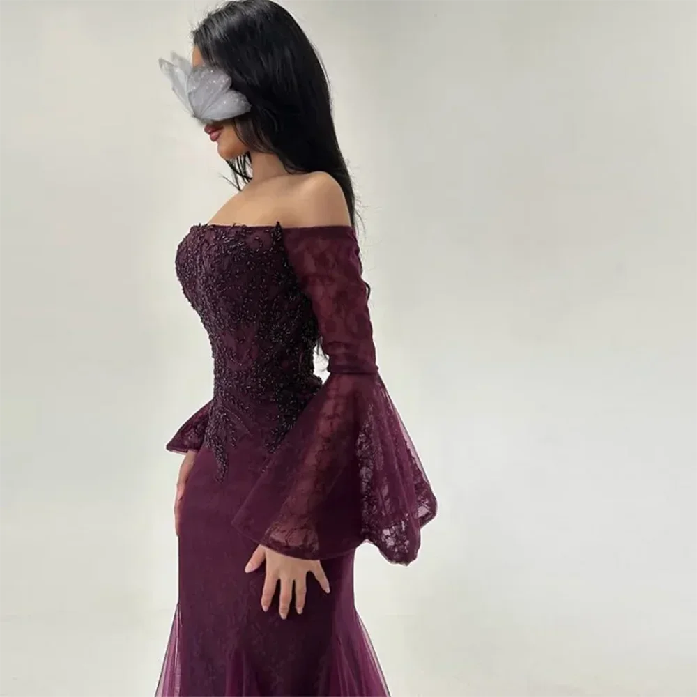 Eenvoudige off-the-shoulder avondjurken lange mouwen elegante zeemeermin avondjurken vloerlengte galajurken jurk op maat