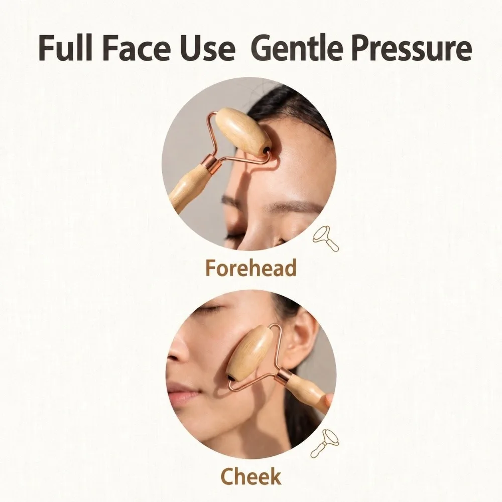 Bamboo Wood Face Massage Roller Dual End Metal Ball Handheld Roller Curved Bracket Polished Handle Skin Care Roller