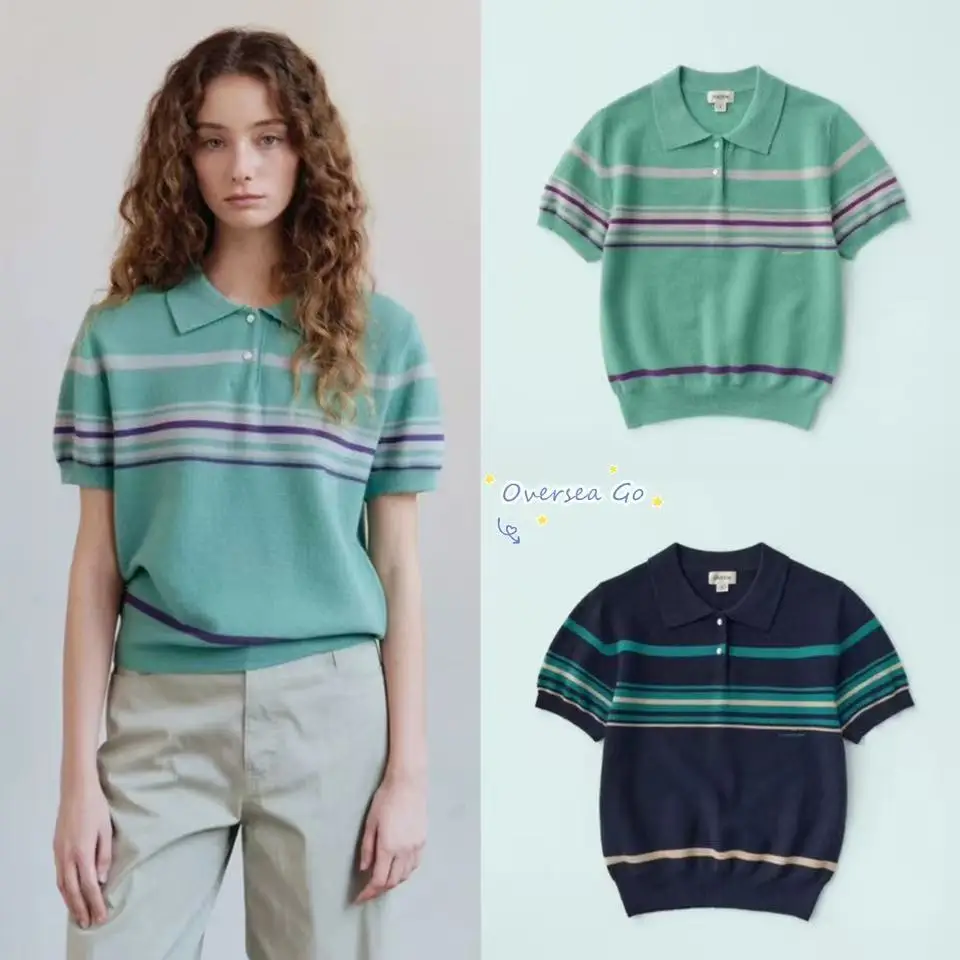 

Sienne 2025 New Retro Casual Color Block Stripe Short Sleeve Women's Knitted T-shirt Shirt Cotton Casual Loose Fit Top