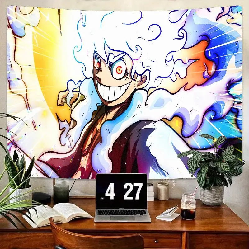 

1 шт., гобелен в стиле аниме с вьющимися белыми волосами, красные глаза, пламенные узоры, настенное искусство, большой ухмыслительный гобелен с персонажами для спальни, гостиной