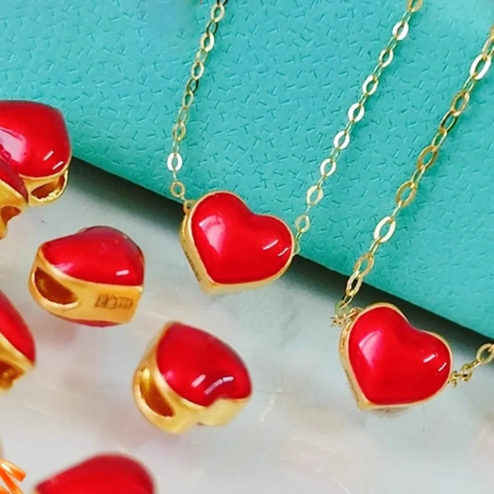

1PCS Real Pure 999 24K Yellow Gold Bead Lucky Enamel Red Heart Small Pendant 0.11-0.14g