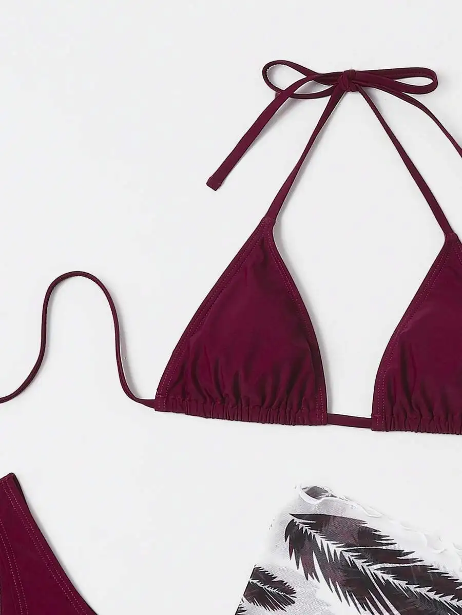 Maillot de bain 2 pièces pour femmes, vacances à la plage, vin rouge, couleur unie, imprimé plumes, ensemble Cover-Up et Bikini, maillot de bain séparé