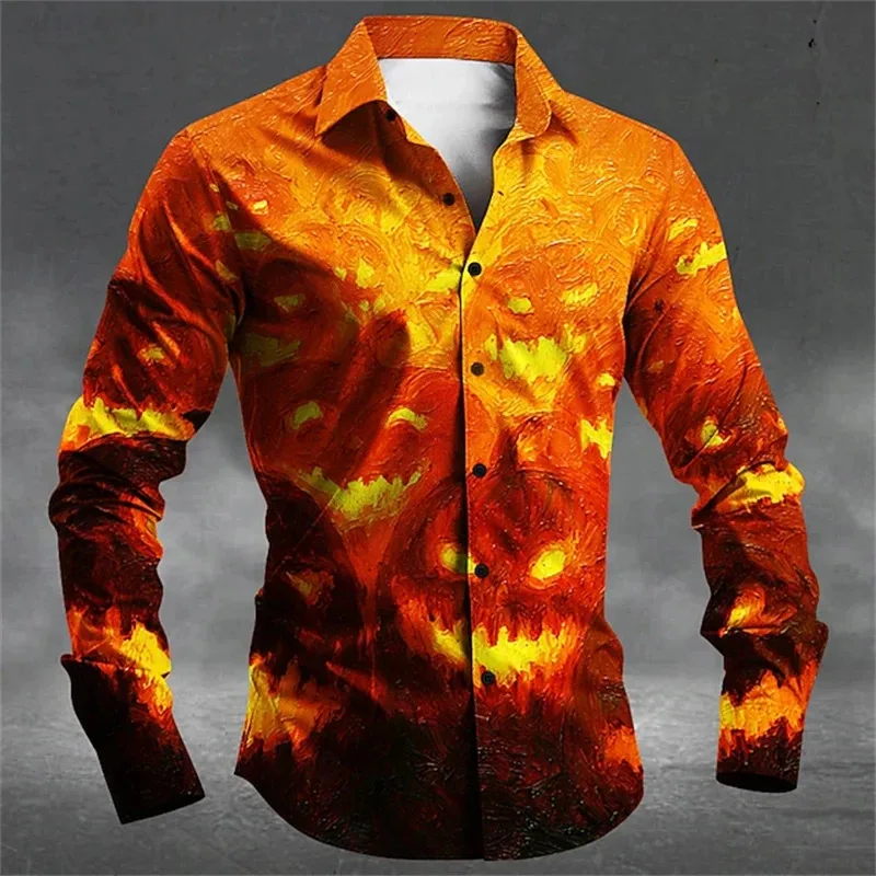 

2026 Halloween Men's Scary Pumpkin Shirt 3D Printed Casual Long Sleeve Polo Shirt Men's Street Fashion Buttoned Coat Top