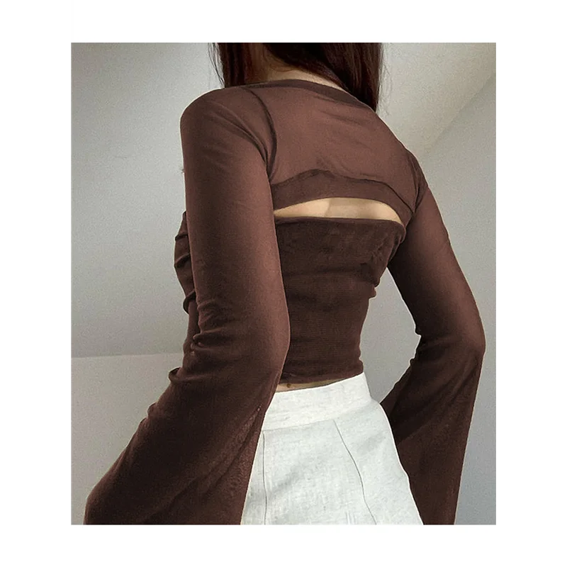 ASDS-Dames Tweedelige Sets Mesh Lange Mouw Corset Top Trendy Y2K Vierkante Hals Uitgaan Bustier Crop Sjaal tops