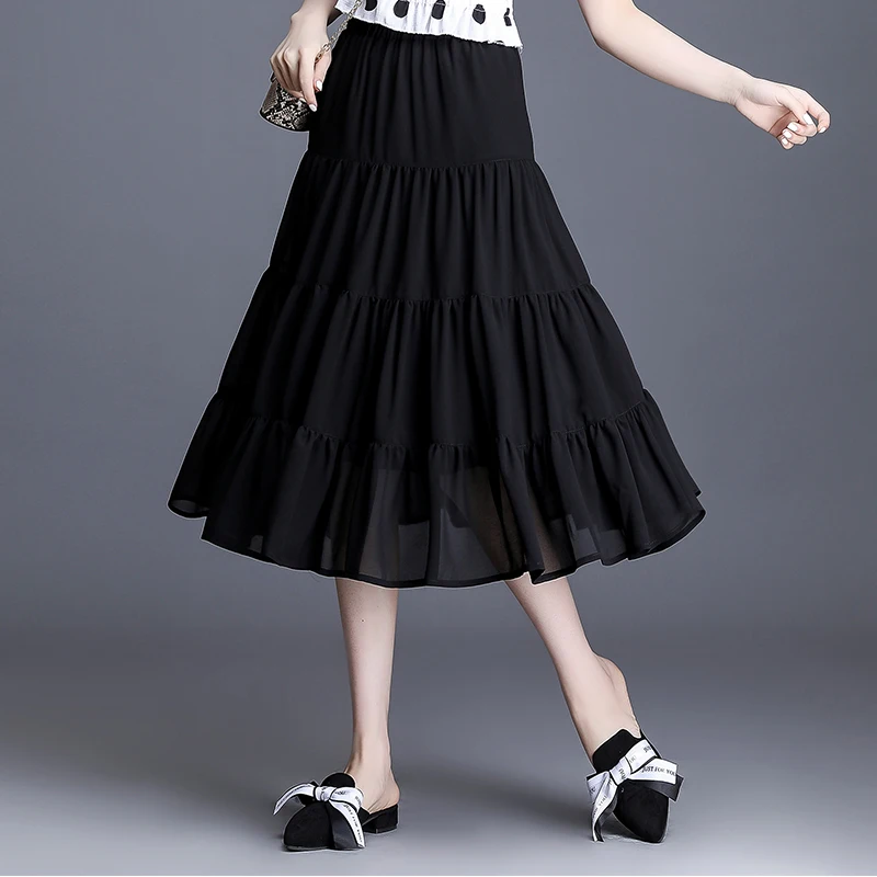 الكورية عادية عالية الخصر الشيفون التنانير حجم كبير مكتب سيدة الصيف أنيقة تكدرت التنانير Autunm البوهيمي التنانير