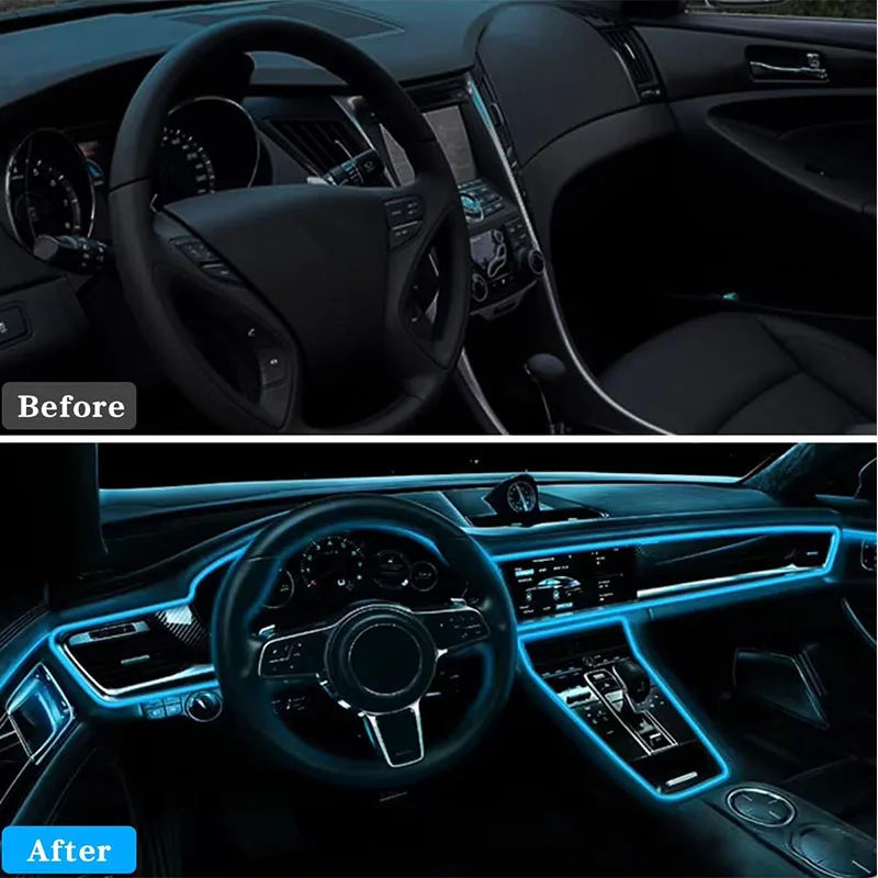 2-5M Car Console Decor Light RGB Ambient LED Light Strip USB Fiber Optic Atmosphere Lamp 8 Color Changing for Car Interior Decor