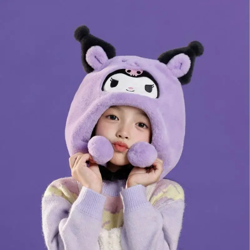 Sanrio Girls' Plush Hat Scarf, Chapéu à prova de vento infantil, Quente e Coldproof, Cartoon Kuromi, My Melody, Clothing Gift, Inverno