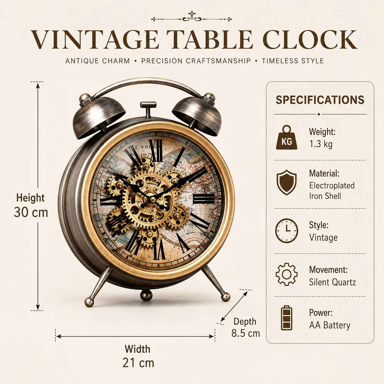 30cm Vintage Metal Table Clock with Moving Gears Silent Quartz Battery Operated Steampunk Desk Mantel Clock Home Office Decor