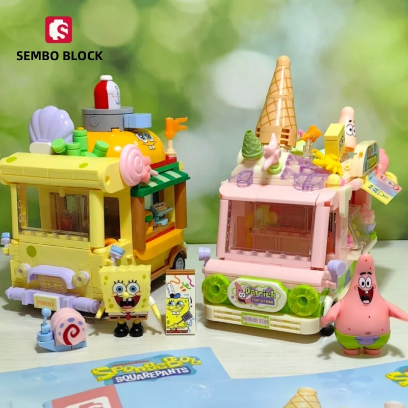 SEMBO BLOCK SpongeBob SquarePants Building Blocks Street View Hamburger Car Assembly Educational Toy Model Ornaments Gift